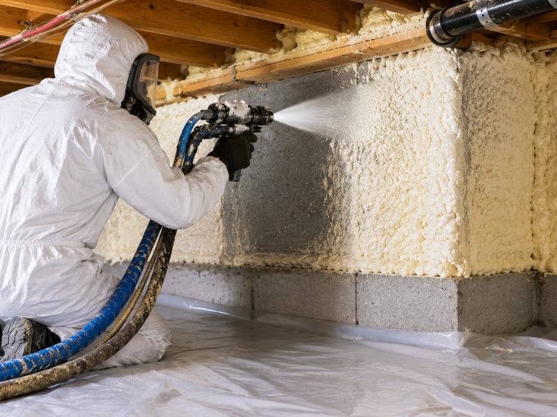A Saint John Spray Foam Insulation installer spraying a foundation wall in full protective kit