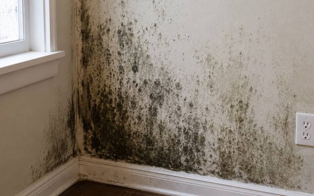 Mould growth on the inside face of a cold, poorly sealed exterior wall